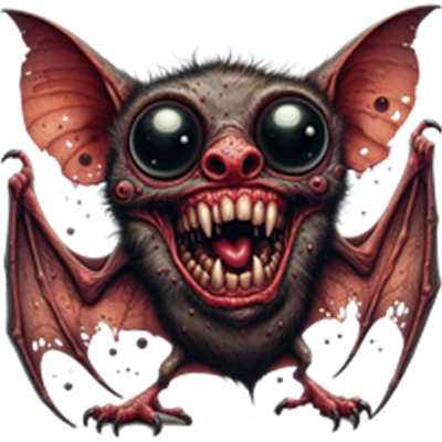 Et fantasifuldt billede af en flagermus med overdimensionerede øjne og en uhyggelig, men sjov ansigtsudtryk.