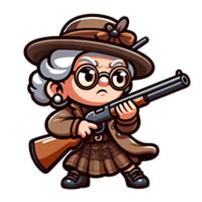 En tegneseriefigur af en bestemt bedstemor med en riffel, iført hat og briller.