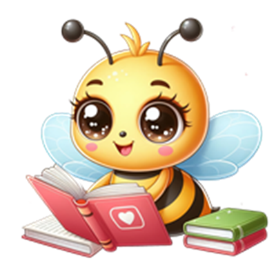 En sød, tegneserieagtig bi, der sidder og læser en bog med farverige bøger ved siden af.