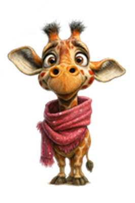 En farverig og venlig giraf iført et rosa tørklæde, der smiler til kameraet.