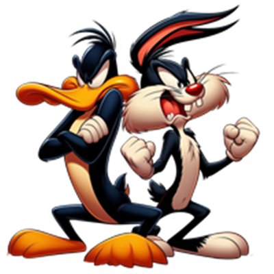 To ikoniske tegnefilmskarakterer, Daffy Duck og Sylvester, står sammen i en sej pose.