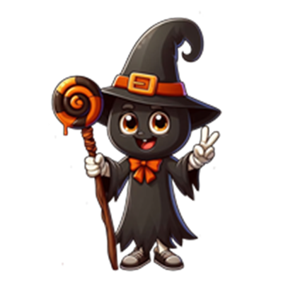 En glad, tegneserieagtig heks iført en sort kappe og hat, holder en tryllestav.