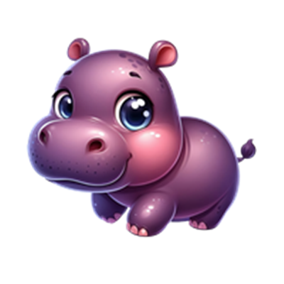 En farverig og nuttet tegnet flodhest med store, udtryksfulde øjne.