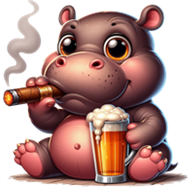 En sød, tegnet flodhest der sidder og nyder en øl, mens den ryger en cigar.