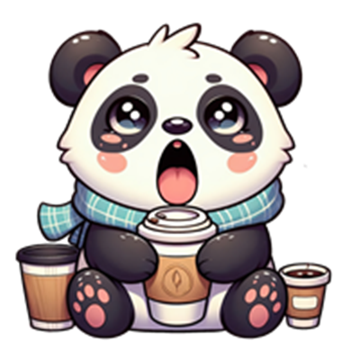 En nuttet panda iført et tørklæde, der sidder med en stor kaffekop og ser sød ud.