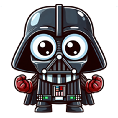 En sød, cartoonagtig version af Darth Vader med store øjne og farverige detaljer.