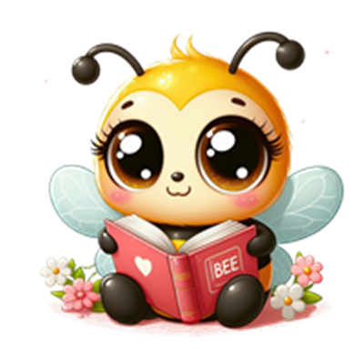 En nuttet bi med store øjne sidder og læser en bog omgivet af blomster.