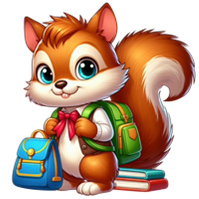 En sød, animeret egernfyr med en grøn og blå rygsæk, der står ved bøger.