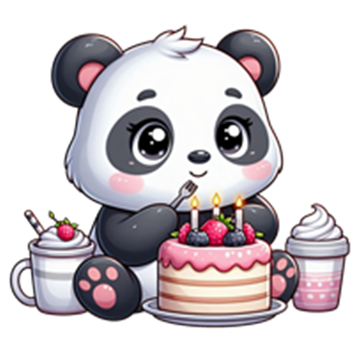 En sød panda sidder og spiser kage, omgivet af desserter og pynt.