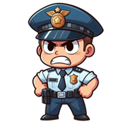 En tegneserieagtig politibetjent med en alvorlig mine, iført uniform og hat.