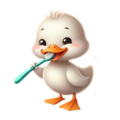 En glad, tegnet and, der børster sine tænder med en tandbørste.