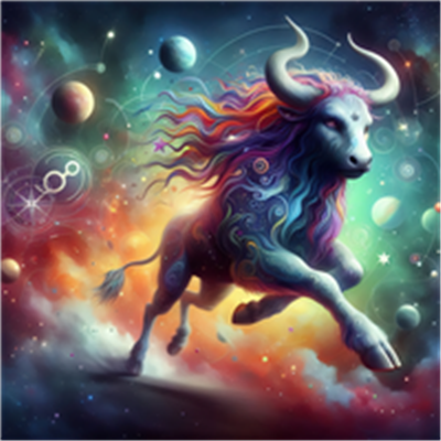 Et fantasifuldt billede af en tyr med regnbuefarvet pels, der løber gennem et farverigt rum med planeter.