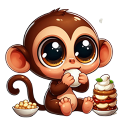 En sød, tegnet abe sidder og spiser, omgivet af lækre snacks.