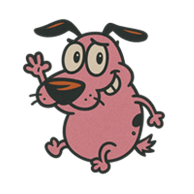 En tegneseriefigur af en pink hund med store øjne og et venligt smil, der vinker.