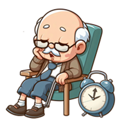 En sød tegning af en gammel mand, der sover i en stol med et vækkeur ved siden af.