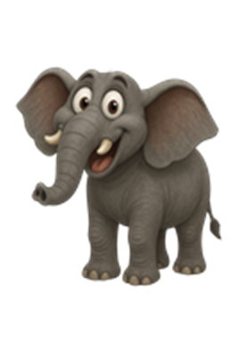 En sød, tegneserieagtig elefant med store ører og et stort smil.