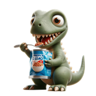 En tegneserieagtig dinosaur, der spiser fra en dåse med morgenmad.