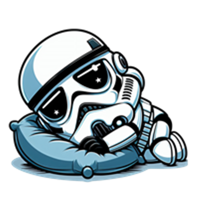 En sød og tegneserieagtig stormtrooper, der ligger afslappet på en pude.