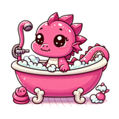 En farverig og sød drage sidder i et badekar fyldt med skum og bobler.