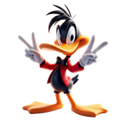 En farverig tegnefilmsfigur med sort og orange fjer, iført festtøj og poserende.