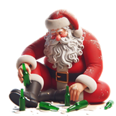 En humoristisk illustration af Julemanden, der sidder blandt tomme flasker.