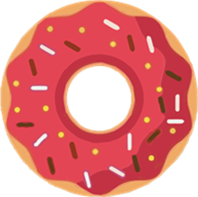 En illustration af en rund donuts dækket med rød glasur og farverige drys.
