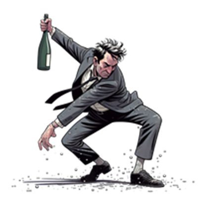 En mand i jakkesæt, der danser energisk med en champagneflaske.