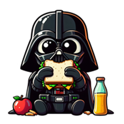 En tegneserieversion af Darth Vader, der spiser en sandwich med en juice og et æble ved siden af.