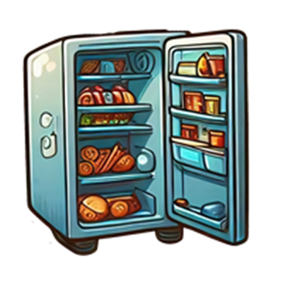 Et illustreret køleskab fyldt med forskellige madvarer og snacks.