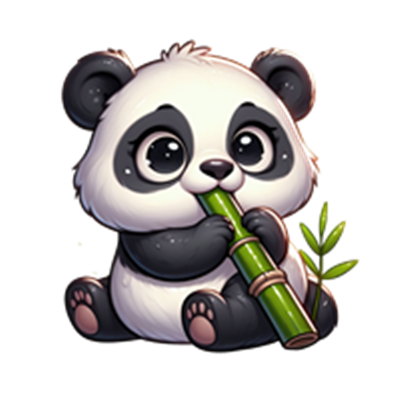 En nuttet panda sidder og spiser bambus, med store øjne og en venlig attitude.