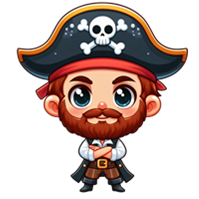 En farverig og venlig pirat med skæg, iført en karakteristisk pirathat og kostume.