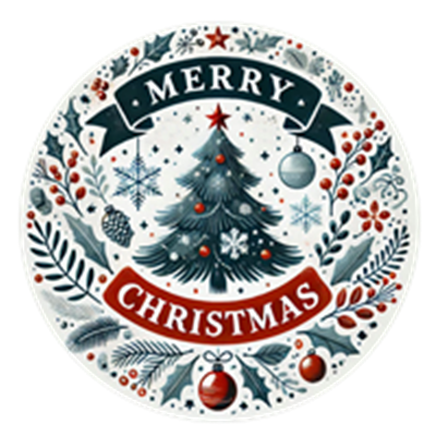 En festlig illustration med et juletræ, snefnug og dekorationer, der ønsker Merry Christmas.