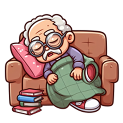 En sød, gammel mand sover på en sofa med bøger ved siden af og en tæppe over sig.