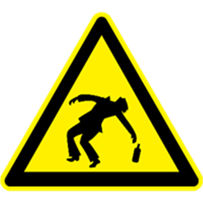 Et advarselsskilt med en silhuet af en beruset person, der holder en flaske.