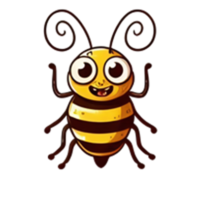 En farverig og venlig tegneseriebi med store øjne og en glad attitude.