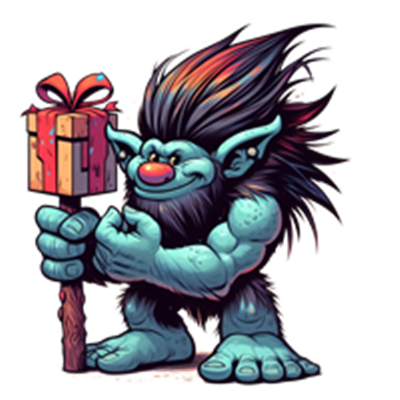 En animeret trold med blå hud og farverigt hår, der holder en gave med sløjfe.