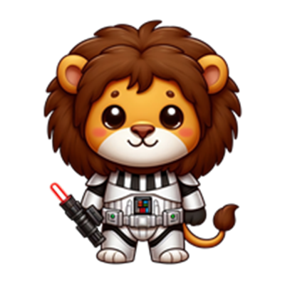 En sød, tegneserieagtig løve iført en rumdragt med en lyssværd.