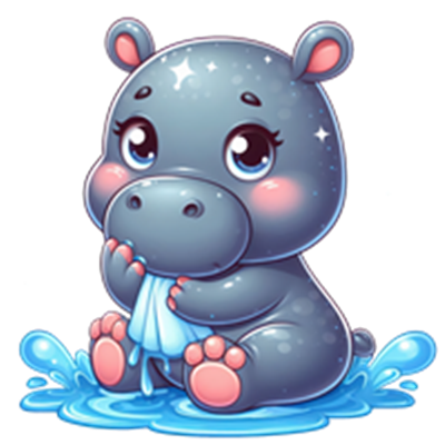 En nuttet babyflodhest sidder i vandet og holder en klud, omgivet af sprøjt.