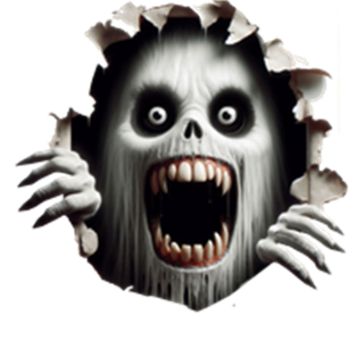 Et skræmmende ansigt med store øjne og en åben mund, der ser ud til at bryde igennem en væg.