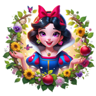 En farverig illustration af en ung kvinde med mørkt hår og en rød sløjfe, omgivet af blomster og æbler.