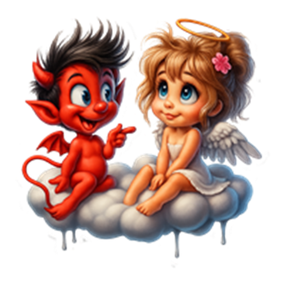 En farverig illustration af en engel og en djævel, der sidder på en sky og interagerer.