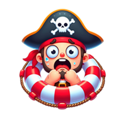 En frygtsom pirat iført en pirathat med et dødningehoved, som holder sig fast i en redningskrans.