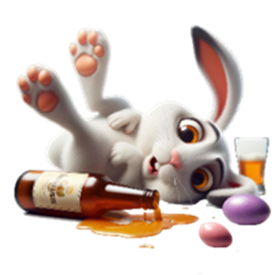 En sød, animeret kanin ligger på ryggen med en ølflaske og farverige påskeæg omkring sig.