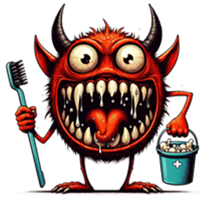 En farverig, tegneserieagtig dæmon med tandbørste og spand, der har en skræmmende tandlæge-tema.