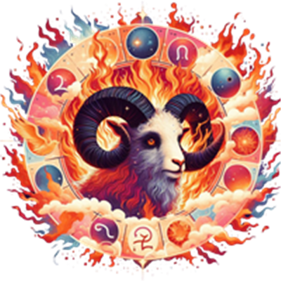 En farverig illustration af et vædderhoved omgivet af stjernetegn og ild.
