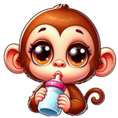 En nuttet babyabe med store øjne, der drikker fra en sutteflaske.