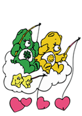 To farverige bjørne sidder på en sky og fisker, omgivet af stjerner og hjerter.