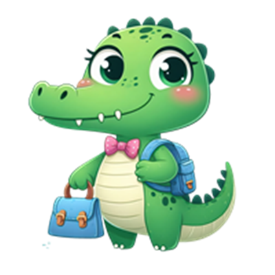 En farverig og venlig krokodillefigur med en rygsæk og en lyserød butterfly.