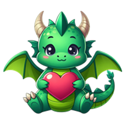 En sød, grøn drage med vinger, der holder et hjerte, hvilket symboliserer kærlighed.
