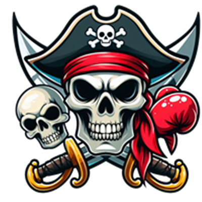 Et farverigt design med et piratkranium, sværd og knogler, der udstråler eventyr.